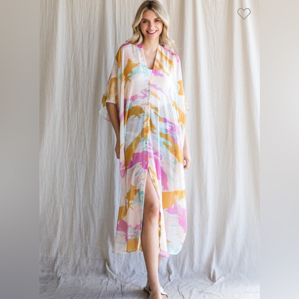 JODIFL White Pink Yellow Abstract Swim Coverup